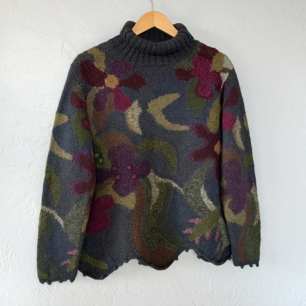 Peruvian Connection Aplaca Sweater Floral Patchwork Embroidery Pom Pom Artsy - Picture 3 of 16